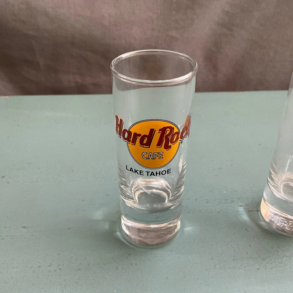 2 Hard Rock Cafe Shot Glasses Lake Tahoe Sacramento Souvenir Shooters Barware